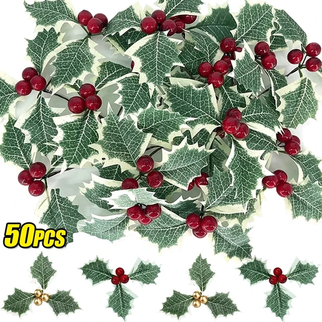 5-50Pcs Artificial Holly Berry Green Leaves Christmas Ornaments Gold Red Holly  Berry Stems Xmas Tree